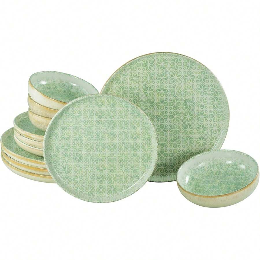 CreaTable, 24085, Serie Emiliana Grün, 12-teiliges Geschirrset für 4 Personen, Teller Set aus Steinzeug, spülmaschinen- und mikrowellengeeignet, Made in Portugal 7JCO - Grün - Übersicht 1