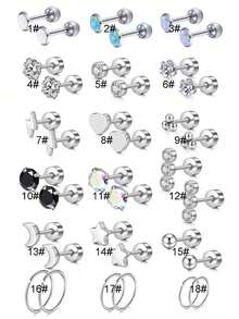 2件套银色立方氧化锆和蛋白石耳软骨耳环、唇环、耳钉穿刺饰品，适用于耳软骨/耳轮/耳屏/耳廓，不锈钢耳轮耳屏软骨耳环，女士款，16G耳软骨耳环，耳轮耳环，平底耳软骨耳廓穿刺饰品，女士款，16G耳屏耳环，女士款，平底耳软骨耳环，不锈钢，平底耳钉唇钉耳廓耳轮耳软骨穿刺饰品 - 銀色 - 查看 2