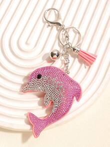 1pc Rhinestone Dolphin Tassel Keychain, Geometric Pattern Bohemian Zinc Alloy Keyring, Suitable For All Seasons - Baby Pink - View 2