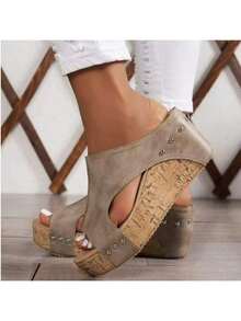 2025 New Summer European And American Style Comfortable Retro Wedge Heel Sandals, Open-Toe Hollow-Out Women'S Sandals - Grey - View 5