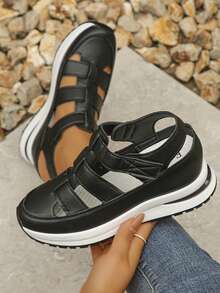 女士厚底坡跟运动鞋，新款夏季休闲平底透气鞋 - 黑色 - 查看 2