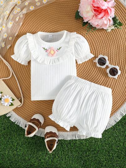 Baby Girl Summer Casual Outfit, Floral Embroidery Round Neck Puff Sleeve Top + Elastic Waist Harem Shorts, Suitable For Outdoor Play