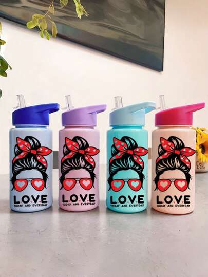 1 Pc Fashion Glasses Heart Style Plastic Water Bottle, 500ml/16.9oz Cartoon Solid Color Sports Water Bottle With Slanted Mouth, Portable Handle, Leak-Proof And Drop-Proof, With Pop-Out Lid. Suitable For Sports, Perfect Birthday Gift Or Valentine's Day Gift.