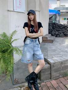 女士腰带设计破洞喇叭七分牛仔裤，休闲夏季款 - 藍色 - 查看 4