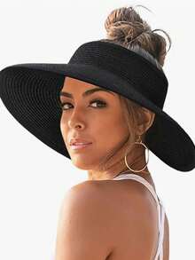 1pc Women's Wide Brim Sun Hat - Ponytail Beach Hat - Suitable For Summer UV Protection - Foldable - Essential For Beach Vacation - A - View 5