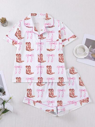 2pcs Women's Sleepwear Set, Boots & Bow Print, Soft Fabric, Fashionable & Beautiful Outfit, Nightwear For Parties, Short Sleeve Shirt Collar Button Top And Elastic Shorts, Casual Loungewear For All Seasons