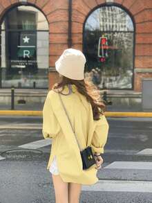 新款宽松蓝色女式衬衫，独特设计休闲外套式上衣，春秋季打底长袖上衣 - 黃色 - 查看 5