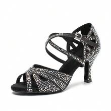 7.5cm Cuban Heel Professional Women's Latin Dance Shoes, Comfortable Soft Sole Salsa Tango Training Shoes, Non-Slip Durable Indoor Party Sandals, Women's Silver Wedding Shoes With Sparkling Rhinestones - Black - View 5