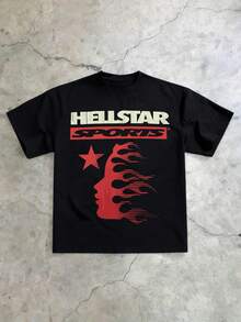 Hellstars Sports Red Silhouette Vintage Graphic T-Shirt,220g 100% Cotton,Round Neck Short Sleeve,Black Streetwear Essential For Summer Going Out,Unisex Style - Black - View 1