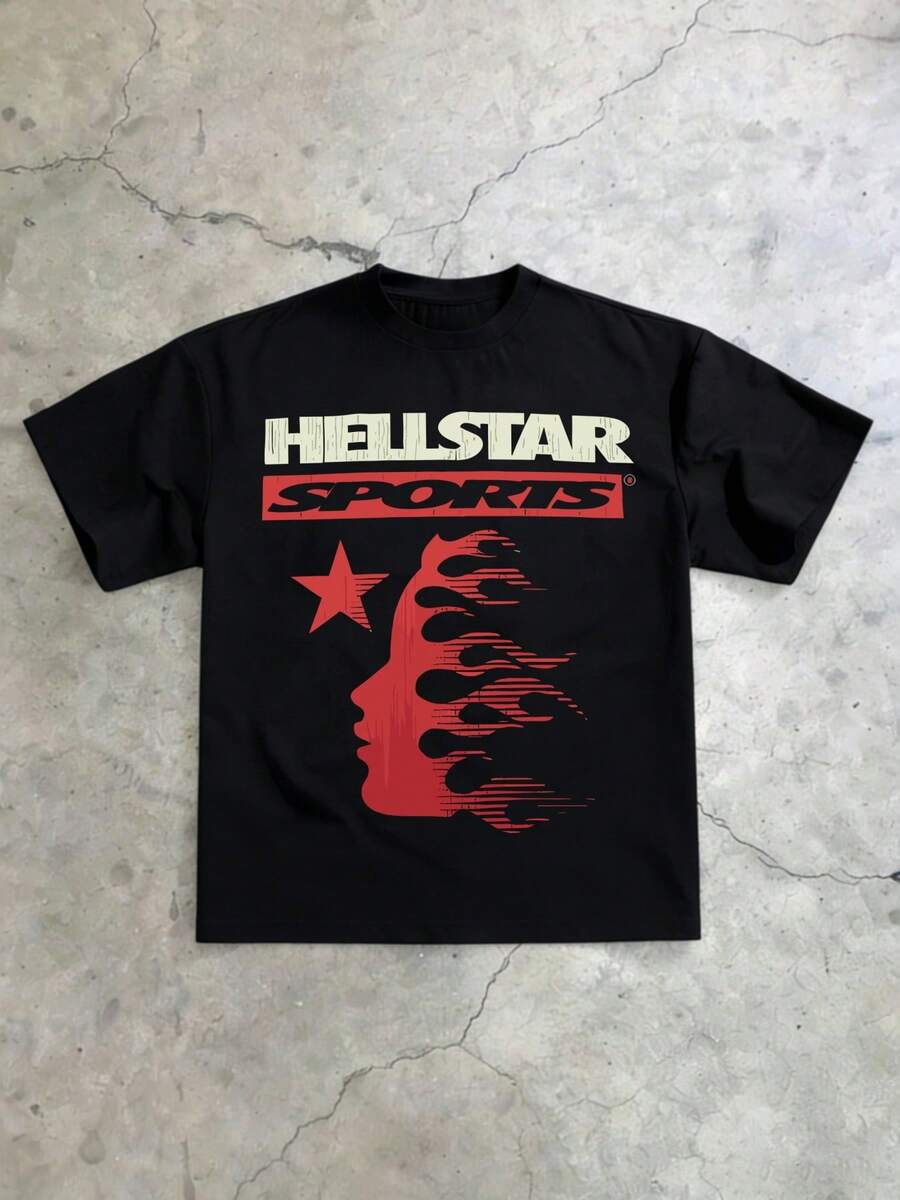 Hellstars Sports Red Silhouette Vintage Graphic T-Shirt,220g 100% Cotton,Round Neck Short Sleeve,Black Streetwear Essential For Summer Going Out,Unisex Style - Black - View 1