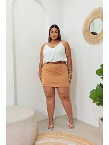Short Skirt Plus Size Tailored With Belt Various Colors Summer - Camel - Ver 3