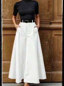 Women's Solid Color Pleated Pocket Wide Leg Loose Casual Pants Black Spring - 白色 - 查看 2