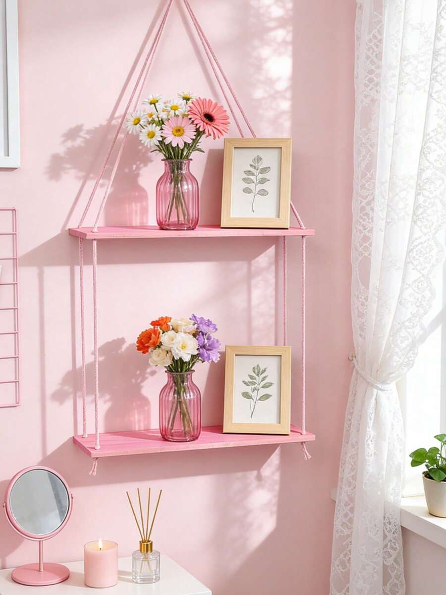 1pc Pink Photo Frame Wall Shelf, Boho Style Hanging Wall Storage Rack For Bedroom, Living Room, Bathroom, Nursery, Dorm, Cute Plant Aesthetic Home Decor, Photo Frame, Vanity, Pink Boho Style Wall Display Shelf For Ladies Room - Multicolor - View 1