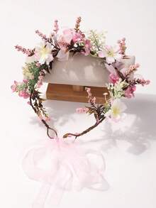 1件女孩花環髮箍，仿真抓褶玫瑰花苞、繡球花、海棠花花頭，適合海灘與攝影，優雅兒童髮飾，附可調節緞面絲帶 - 粉色 - 查看 6