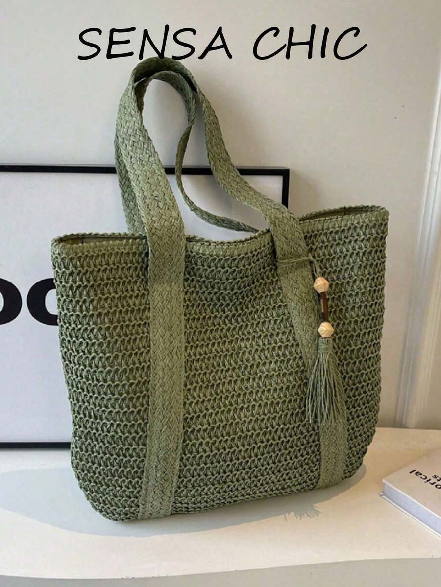 Esta bolsa de paja simple pero elegante es versátil y presenta un diseño de unicolor, lo que la convierte en ideal para los desplazamientos diarios. Combinando estética y practicidad, su diseño inspirado en la playa la convierte en el compañero perfecto para viajar, trabajar y hacer compras. - Verde - Ver 1