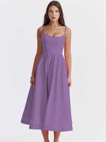 Gaun Wanita Ukuran Besar Warna Polos Seksi Leher U dengan Pinggang Berkerut dan Model Mengembang, Gaun Pesta Elegan Musim Panas - Purple - View 8