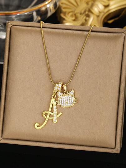 1pc Classic Gold-Plated Copper Cubic Zirconia 26 Letter & Owl Pendant Necklace, Party Decor Jewelry Accessory, Gift For Family & Friends