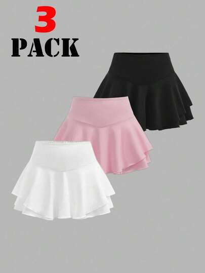 Set de 3 piezas para niñas preadolescentes con falda de punto de unicolor + shorts, estilo atlético