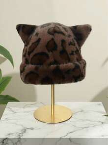 Leopard-Print Plush Bear Hat For Women, Winter Style, Sweet And Cute, Thick And Warm, Retro Design, Versatile, Headband Style, Pullover Hat.,Summer,Beach - A - View 1