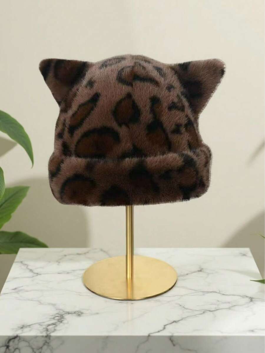 Leopard-Print Plush Bear Hat For Women, Winter Style, Sweet And Cute, Thick And Warm, Retro Design, Versatile, Headband Style, Pullover Hat.,Summer,Beach - A - View 1