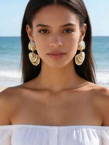 ZA Women's Metal Shell Statement Earrings | Gold Tone Punk Bohemian Pearl Drop Easter & Mother's Day Gift Beach Party Jewelry - Shell B - View 1
