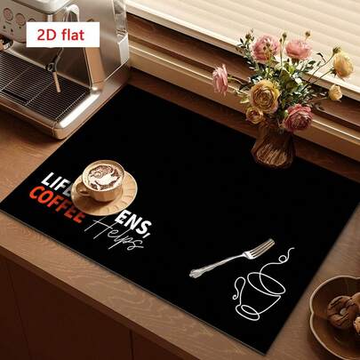 1 pieza Alfombrilla para máquina de café, Alfombrilla para secar cubiertos, con temática de taza de café y estampado de letras, hecha de fibra de poliéster, alta absorción con respaldo antideslizante, adecuada para secar utensilios de cocina, decoración de habitaciones, ideal para regalo doméstico y decoración de habitaciones