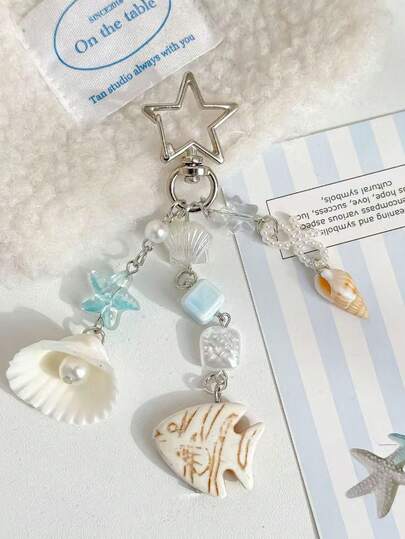 1pc Ocean Theme Keychain, Handmade Beaded Seashell Pendant Charm, Travel Souvenir, Gift For Ocean Lovers, Beach Holiday Accessory, Car/Bag Decoration