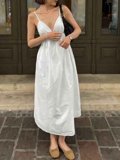 2026 Spring/Summer Fashionable Sexy Backless Camisole Design Waist-Cinching Slim Long Dress, Suitable For Women's Summer Outfits, Valentine's Day, Party, Beach, Street Style, Carnival, Wedding Guest, Birthday, Y2K, Easter, Graduation, Formal Occasions, White, Casual, Luxury Evening Gown Elegant