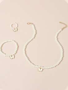 1 Set (3pcs) Butterfly Pendant Pearl Necklace, Bracelet, And Ring Set - White - View 3