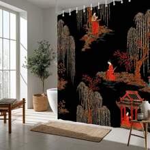 2D Flat, 2D Flat, 1pc 2D Flat Elegant Vintage Chinese Landscape Shower Curtain With Women Under Willow Trees And Traditional Pagoda Design Polyester Fabric Bathroom Decor 70.8X70.8 Inch With 12pcs Hook - A - 查看 5