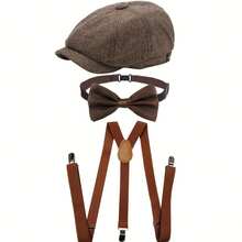 3pcs Roaring Twenties Complete Costume Suit | News Boy Hat, Bow Tie, Adjustable Suspenders - Elegant 1920S Gatsby Clothing For Men And Women Perfect For Bar Parties, Weddings, Vintage Events, Themed Party Wear, Wedding Guest Attire - Coffee Brown - View 1
