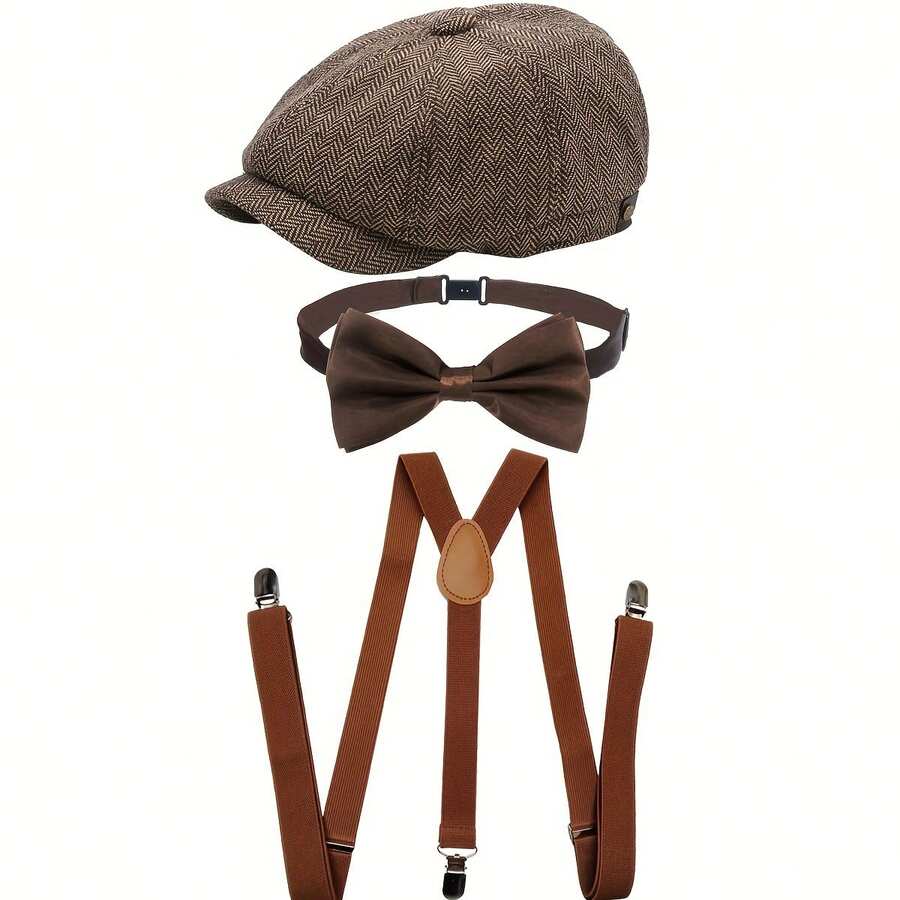 3pcs Roaring Twenties Complete Costume Suit | News Boy Hat, Bow Tie, Adjustable Suspenders - Elegant 1920S Gatsby Clothing For Men And Women Perfect For Bar Parties, Weddings, Vintage Events, Themed Party Wear, Wedding Guest Attire - Coffee Brown - View 1