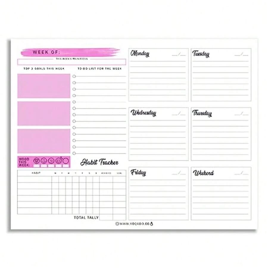 Weekly Planner  Tear Off Ic Full Year Ductivi Planner 50 Undated Sheets For Daily Schedule To-Do Lists Habit Traing Academic Planning And Work Agenda (8.5 X 11 Heink) - Hồng - Xem 1