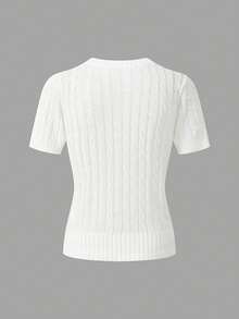 Freeform Women's Spring/Summer Casual Knit Top, Elegant Vacation Warm Versatile Slim Fit Pullover Sweater, Plus Size Short Sleeve Textured Knit Sweater, Regular Length, Non-Stretch Fabric White - White - View 4
