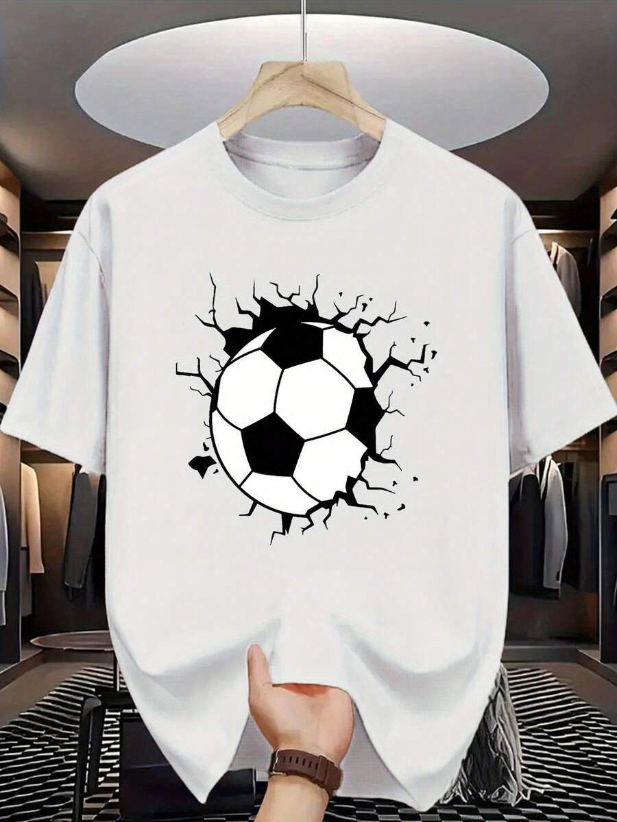 Men'S Vibrant Soccer Ball Print T-Shirt - Bright Orange, Casual Round Neck Tee With Dynamic Black & White Design, Perfect For Sports Events, Casual Attire, And Soccer Fans, Soccer Shirts - màu đen - Xem 1