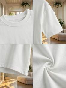 Blusa de mujer de corte holgado, cuello redondo, manga corta, casual, adecuada para primavera y verano, con estilo minimalista, elegante y sexy Y2K, apta para uso diario, oficina, hogar y exteriores - Blanco - Ver 8