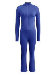 LovelyWholesale Bộ đồ nữ thường ngày gồm áo dài tay cổ đứng màu trơn có khóa kéo và quần yoga, trang phục mùa xuân. - Màu xanh lam - Xem 6