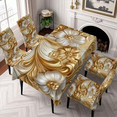 4/6/5/7 قطعة طقم مفرش طاولة وأغطية كراسي بطبعة زهرية ذهبية، 4 قطع (4 أغطية كراسي)، 6 قطع (6 أغطية كراسي)، 5 قطع (1 مفرش طاولة + 4 أغطية كراسي)، 7 قطع (1 مفرش طاولة + 6 أغطية كراسي)، مناسب للاستخدام الداخلي/الخارجي، تجمعات المنزل، ديكور طاولة وكراسي للأعياد، قابل لإعادة الاستخدام