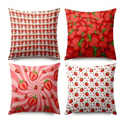 4件装草莓图案抱枕套，现代涤纶平版印花，多尺寸家居装饰沙发靠垫套