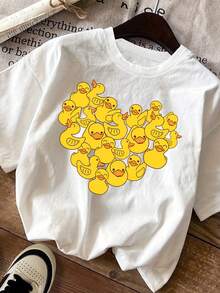Camiseta de algodón de 180 g con estampado de corazón y pato, de manga corta y cuello redondo, para la ropa casual de mujer en primavera y verano. Adecuada para el uso diario, salidas informales, uso en casa y paseos al aire libre. Sencilla y versátil, un estilo de nicho a, la primera opción para parejas. - Negro - Ver 8