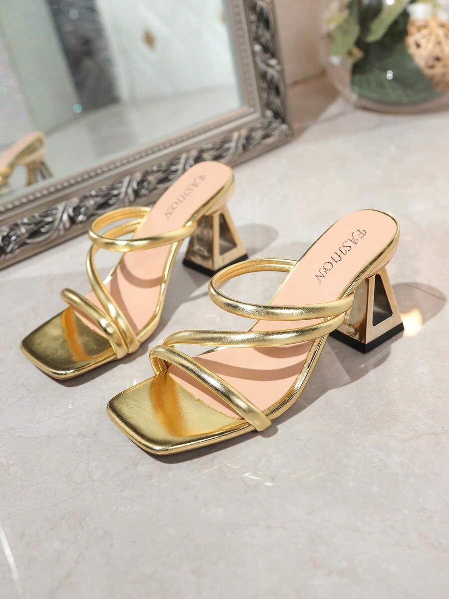 Teenagers' New Arrival Square Toe Gold Metal Strap Triangular Heel Sandals, Luxury Party Style, Suitable For Daily Commute, And Outings - Gold - View 1