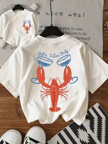 Women's Short-Sleeve T-Shirt With White Graphic Print, Relaxed Fit, And Fun Lobster & "Vite Only" Design, Machine Washable, All-Season Top, Breathable Fabric - 白色 - 查看 2