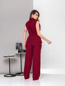 New Tailored Set Consisting Of Vest And Wide-Leg Trousers C6608 - Burgundy - View 4