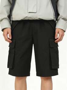 Plus Size Men's Black Cargo Shorts, Multi-Pocket Casual Street Style Practical Summer Shorts - Black - View 2