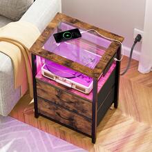 Tomnk 2 Drawers Night Stand With Charging Station & Glass Top, LED Nightstand With Enhanced Glow For USB Ports And Outlets, Bedside Table With 2 Fabric & PU Drawers, Modern End Table - View 3