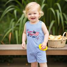 4th Of July Baby Clothes Newborn Girl Boy Smocked Bubble Romper Flag Plaid Overalls Infant First 4th Of July Outfit, My First 4th Of July Baby Boy Outfit, Baby Boy Girl  4th Of July Outfit - 藍色格子 - 查看 6