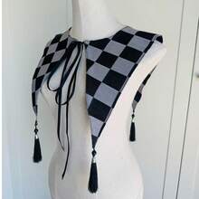 1 pezzo Scialle con colletto rimovibile a motivo romboide vintage con nappe, adatto per tutte le stagioni, accessorio scialle rimovibile per abiti e camicie in stile gotico lolita e vintage, spiaggia, vacanza - plaid nero e grigio - Visualizzare 4
