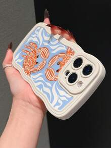 1pc Fashionable Asymmetrical Leaf Striped Crab Painted Pattern Phone Case, Wavy Curved Edge TPU Shockproof Scratch-Resistant Soft Shell Compatible With Apple 11/12/13/14/14Plus/15/15Plus/16/16Plus/7/8Plus/17/17Pro And Other Models - Multicolor - View 4