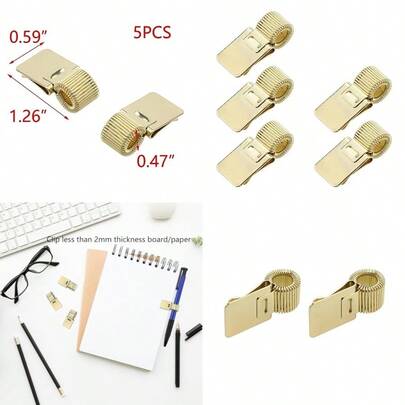 T Tulead Pen Clipboard Holder Metal Pencil Holder Clips Adjustable Pen Clip Organizer For Notebook Golden 5PCS