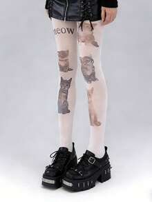 1双女士可爱小猫印花透明连裤袜，白色透明尼龙丝袜，朋克街头风时尚腿部服饰，适合日常休闲外出穿着 - 彩色 - 查看 10
